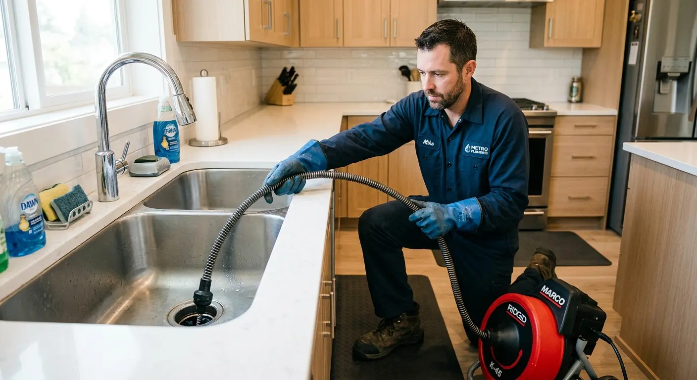 Drain cleaning technician using a motorized snake on a kitchen sink in Hampstead