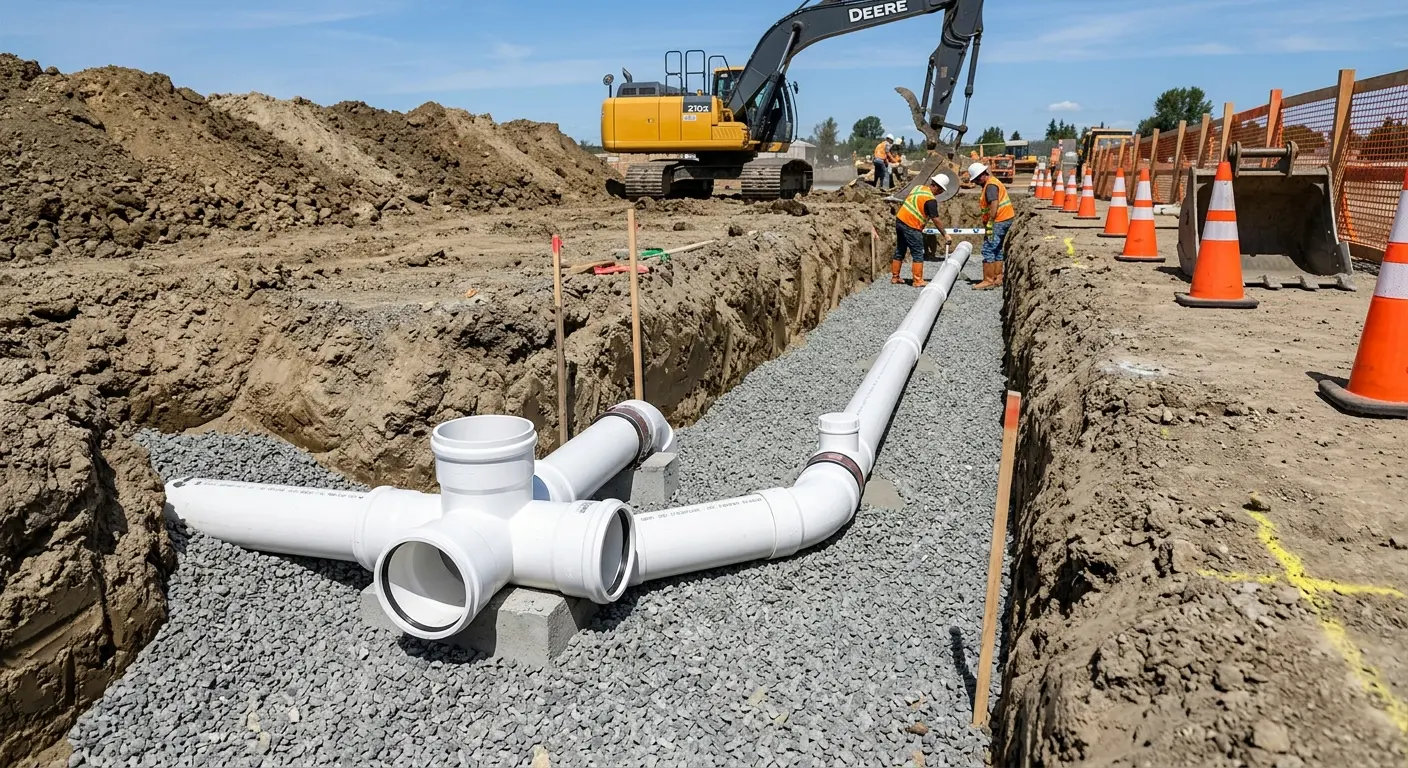 New PVC sewer pipe installation in open trench for Sewer Backup in Hampstead